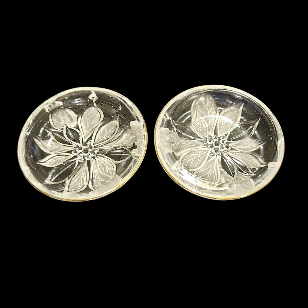 Vintage Frosted Floral Crystal Glass Coasters Set of 2 Etched Flower Round 5"